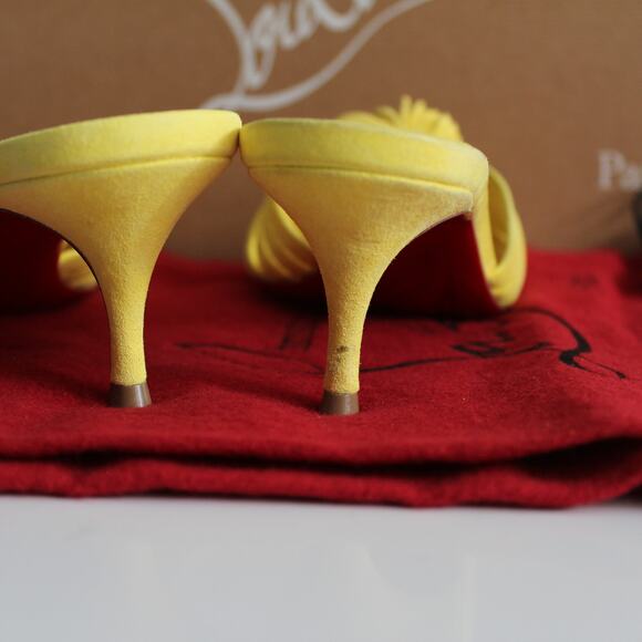 Christian Louboutin Belbrossa Yellow Suede Pompom Fringe Slip-On Kitten Heels - Picture 11 of 16